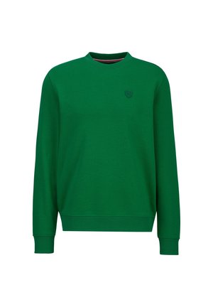 Groene sweater met ronde hals, lange mouwen en een klein geborduurd logo op de linkerborst, eenvoudig ontwerp.