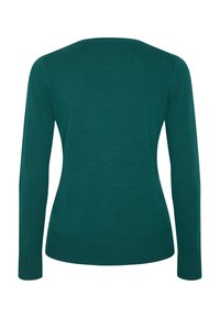 Pull en tricot à manches longues de couleur sarcelle avec des poignets et un ourlet côtelés, vu de dos sur fond blanc.