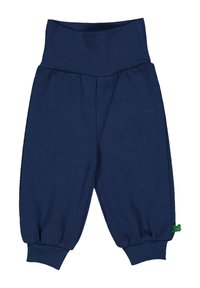 Navyblauwe katoenen harem broeken met een brede geribbelde tailleband, elastische boorden en een klein groen strikaccent op de zoom.
