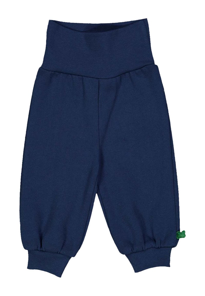 Navyblauwe katoenen harem broeken met een brede geribbelde tailleband, elastische boorden en een klein groen strikaccent op de zoom.