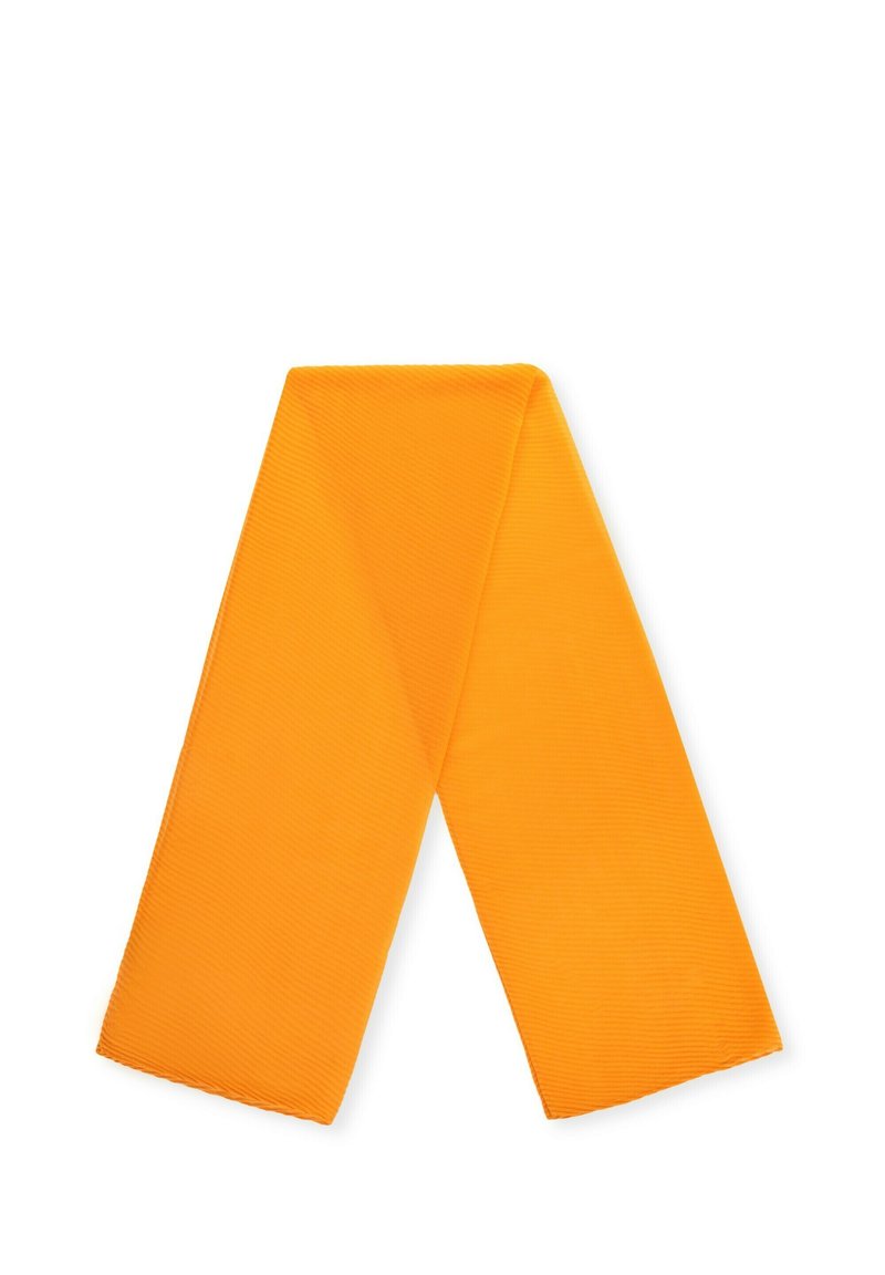 Foulard sottile e rettangolare realizzato in tessuto arancione brillante, con una consistenza liscia e un sottile motivo a coste, posizionato diagonalmente.