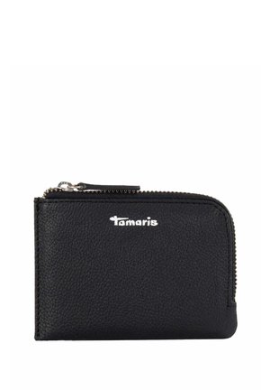 Black leather wallet with a textured finish, zip closure, and silver logo on the front. Compact, rectangular design with stitching details.