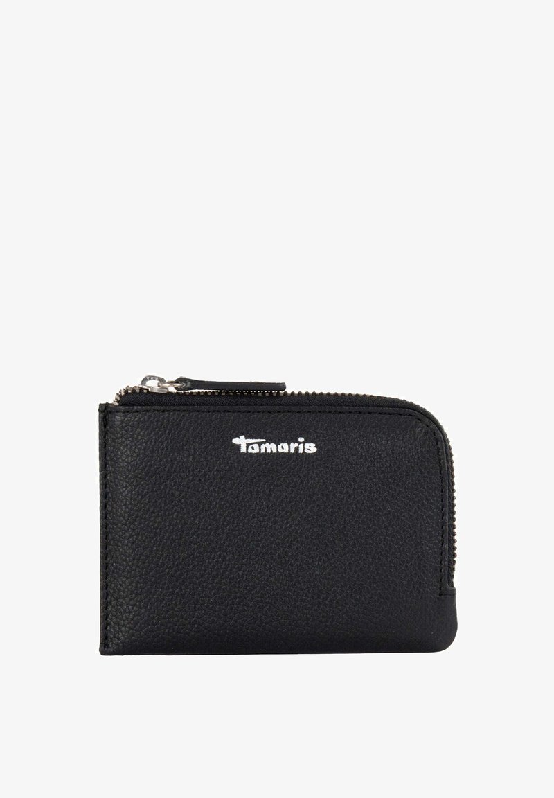 Black leather wallet with a textured finish, zip closure, and silver logo on the front. Compact, rectangular design with stitching details.