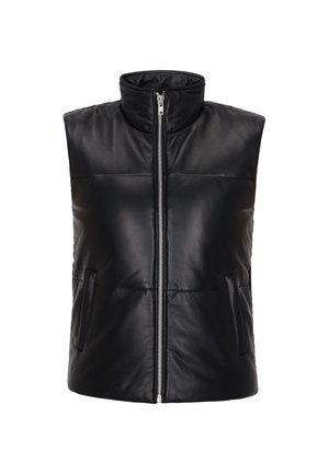 Zwarte mouwloze gevoerde bodywarmer met hoge kraag, zilveren ritssluiting aan de voorkant en twee zijzakken.