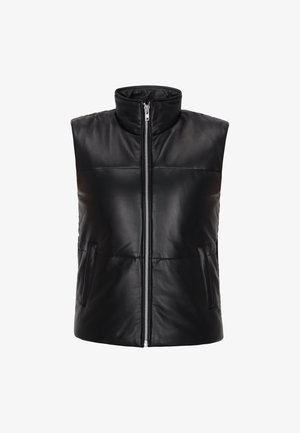 Zwarte mouwloze gevoerde bodywarmer met hoge kraag, zilveren ritssluiting aan de voorkant en twee zijzakken.