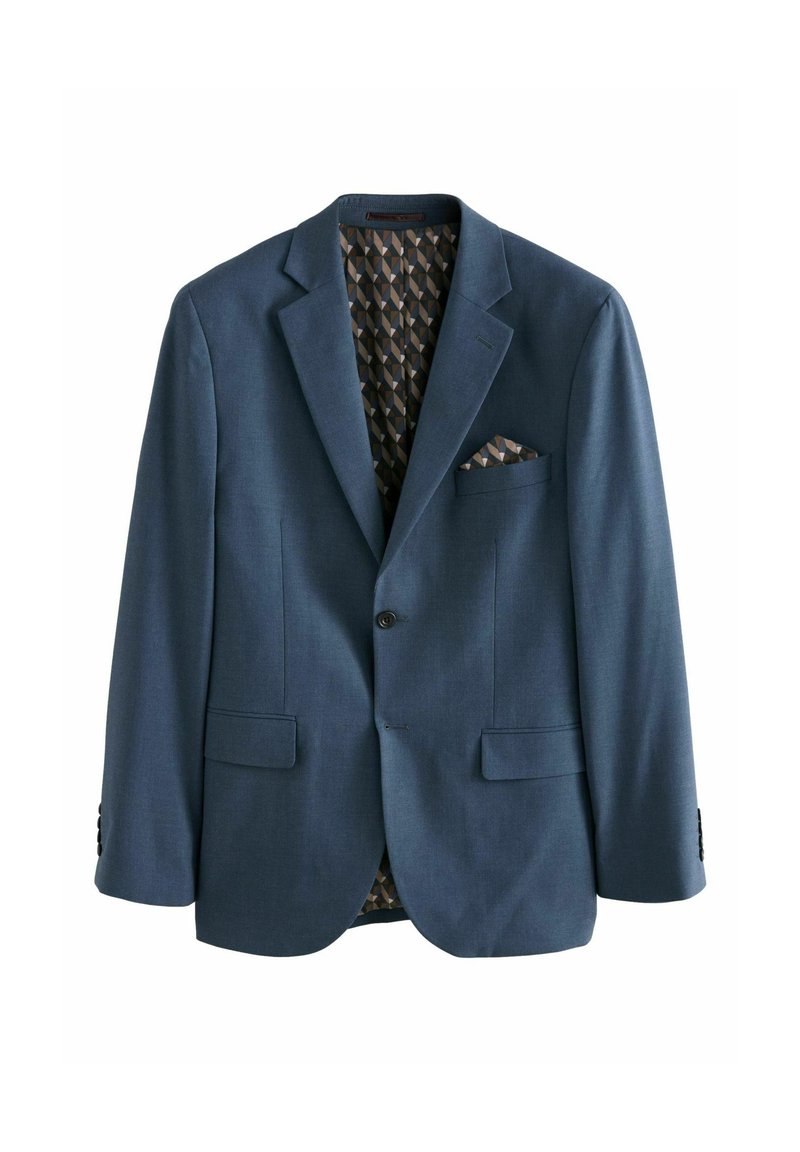 Blazer blu con rever a punta, due tasche frontali e fodera pattern. Presenta una chiusura a bottoni e cuciture dettagliate sui polsini.