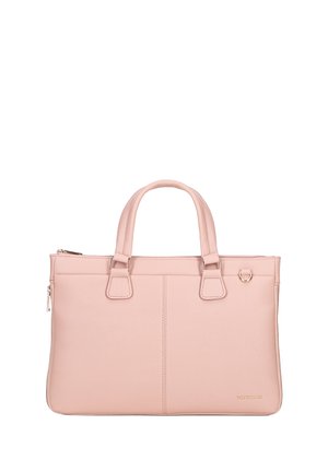Pink leather tote bag with dual handles, zip closure, and a smooth texture. Features a subtle logo detail and vertical seam accents.