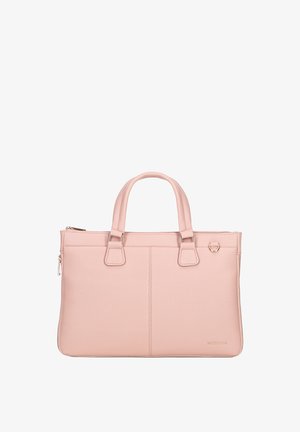 Różowa skórzana torba na ramię z podwójnymi uchwytami, z suwakiem i gładką teksturą. Oferuje subtelny detal z logo oraz akcenty w pionowych szwach.