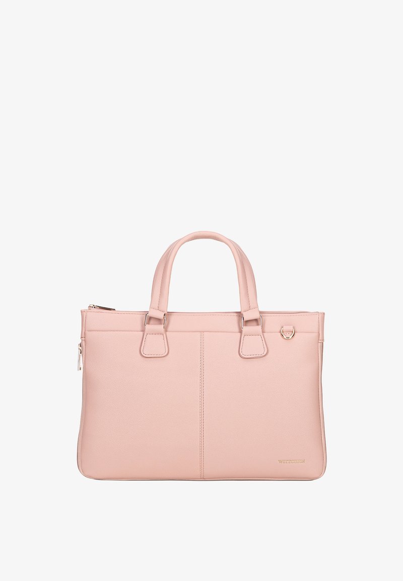 Różowa skórzana torba na ramię z podwójnymi uchwytami, z suwakiem i gładką teksturą. Oferuje subtelny detal z logo oraz akcenty w pionowych szwach.