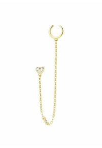 Orecchino a cuff in tono oro con catena collegata. Presenta un charm a forma di cuore con pietra trasparente e una finitura liscia e lucida.