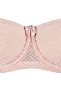 Jasnoróżowy koronkowy biustonosz z formowanymi miseczkami, ozdobiony satynową kokardką na środku oraz przezroczystym siateczkowym panelem między miseczkami.