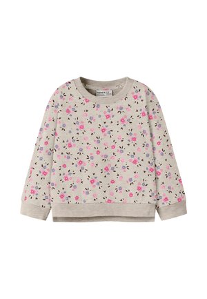 Beiger Kinderpullover mit langen Ärmeln, rosa-lila Blumenmuster und gerippten Bündchen und Saum.