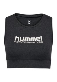 Mörkgrå sport-bh i texturerat tyg. Har rund halsringning och en vit "hummel PERFORMANCE"-logotyp på framsidan.