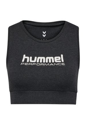 Mørkegrå sportsbh lavet af tekstureret stof. Har en rund halsudskæring og et hvidt "hummel PERFORMANCE" logo på forsiden.