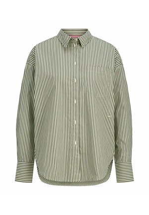 Camicia a maniche lunghe a righe verde e bianche con colletto, taschino sul petto e orlo curvo. Realizzata in tessuto leggero.
