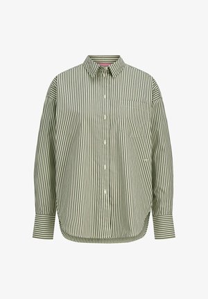 Roheline ja valge triibuline nööbiga särk, millel on krae, pikad varrukad, rinnaehe ja kumer hem. Valmistatud kergest kangast.