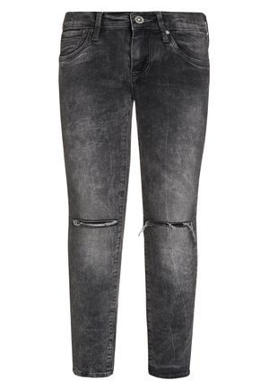 Jean slim noir délavé avec détails déchirés aux deux genoux, poches avant, passants de ceinture et fermeture par bouton.