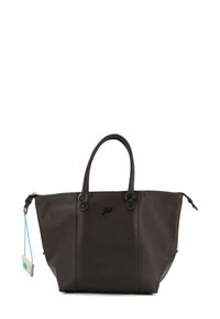 Borsa tote in pelle marrone scuro con due manici, chiusura con cerniera, esterno testurizzato e una targhetta blu attaccata alla cerniera.