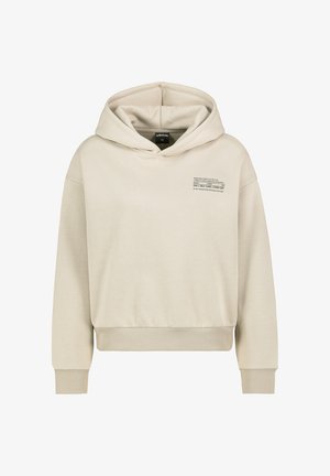 Beige Kapuzenpullover mit Kordelzug, ausgestattet mit einer Fronttasche, gerippten Bündchen und einem bedruckten Textdetail auf der linken Brust.