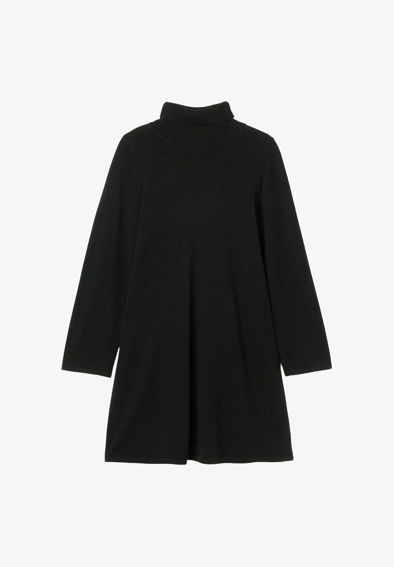 Sort turtleneck kjole med lange ærmer, lavet af blødt stof. A-formet silhuet med en svajende kant og ribbet halsdetalje. Ingen mønstre.