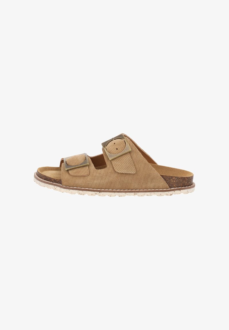 Brown corduroy slide sandal features two adjustable straps with square buckles, a cork outsole, and a textured footbed.