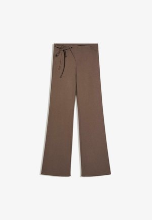 Brown wide-leg pants with a high waist, front pockets, and a tied drawstring on the left side.