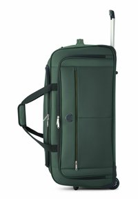 Valigia grande verde con guscio morbido, doppie cerniere, due ruote, manico telescopico e maniglie laterali. Presenta tasche frontali piatte.