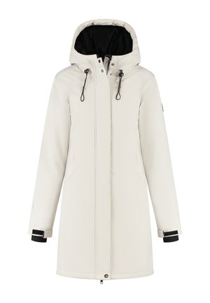 Lange off-white winterjas met capuchon, zwarte voering, rits aan de voorkant, verstelbare trekkoorden en klittenband om de polsen.