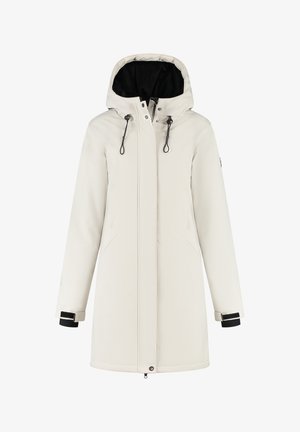 Lange off-white winterjas met capuchon, zwarte voering, rits aan de voorkant, verstelbare trekkoorden en klittenband om de polsen.