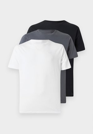 Tre kortärmade t-shirtar i vitt, grått och svart. Varje har en rund halsringning och en mjuk bomullstextur. Inga mönster eller dekorationer.