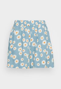 Siniset shortsit, joissa on valkoisia päivänkakkaroita ja oransseja keskuksia sisältävä kukkakuosi. Valmistettu kevyestä kankaasta, jossa on joustava vyötärönauha.