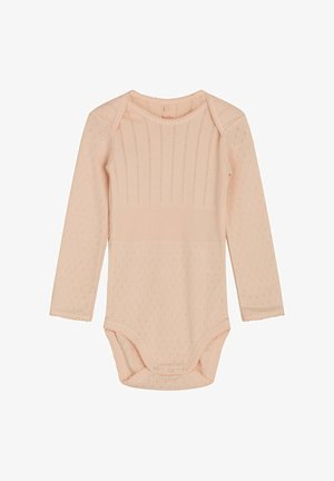 Bodysuit z dolgimi rokavi iz mehkega roza bombaža, ki ima teksturirano rebrovanje, diamante in pritrdilne zaponke na dnu za enostavno oblačenje.