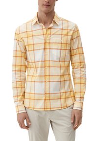 Langärmliges, kariertes Hemd in Gelb und Weiß mit Button-Down-Kragen und Brusttasche, aus leichtem Baumwollstoff.