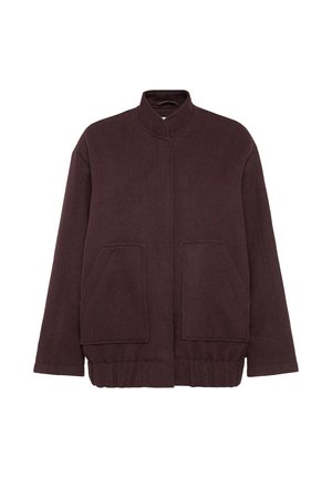 Burgundy wool coat with a stand collar, kangaroo pockets, and ribbed hem. Features a textured, woven pattern throughout. Straight cut design.