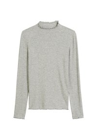 Langärmliges, hellgraues Oberteil mit geripptem Textur, hohem Kragen und Rüschensaum an Kragen und Ärmeln. Lässige Passform.