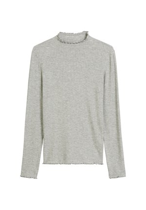 Lange mouwen, lichtgrijs shirt met een geribbeld textuur, hoge halslijn en ruches aan de kraag en mouwen. Casual pasvorm.