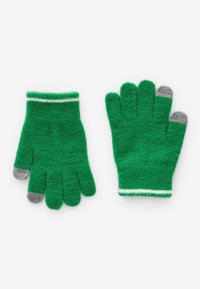 Gröna handskar med en fluffig textur, vit rem vid handleden och grå fingertoppar. Designade för värme och grepp.