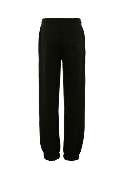 Zwarte sweatpants van zachte stof, met een elastische tailleband, boordjes aan de broekspijpen en een enkele achterzak.