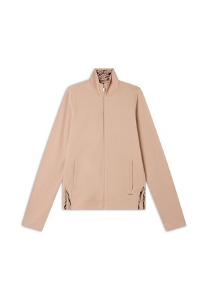 Giacca zip-up rosa chiaro con colletto alto, due tasche frontali e fodera con motivo. Presenta dettagli a costine all'orlo e ai lati.