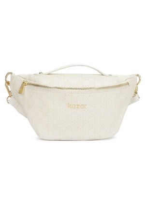 Banane texturée couleur crème avec fermeture éclair dorée et logo "kazar" en lettres dorées sur le devant, dotée d'une sangle détachable et d'une poignée supérieure.