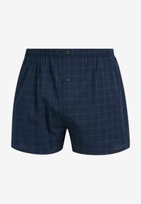 Marineblauwe boxers met een ruitpatroon, gemaakt van lichte stof. Beschikt over een elastische tailleband en een enkele knoopsluiting.