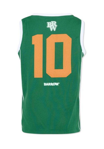 Maillot de sport vert sans manches avec grand numéro orange 10, logo blanc "BRW" en haut et texte "BARROW" sous le numéro.