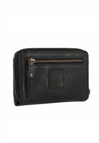 Black leather wallet with a zip closure, featuring a small embossed anchor logo, bronze-tone hardware, and a textured surface.