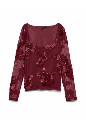 Burgundia pikkade varrukatega top, valmistatud läbipaistvast kangast, detailidega tumedamates toonides ülestõstetud lillemustriga, millel on ümmargune kaelus.