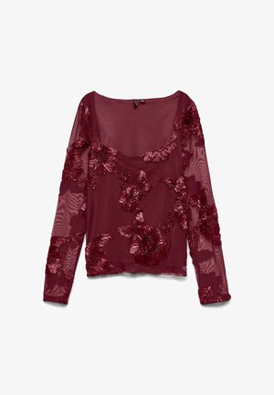 Burgundia pikkade varrukatega top, valmistatud läbipaistvast kangast, detailidega tumedamates toonides ülestõstetud lillemustriga, millel on ümmargune kaelus.
