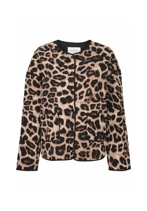Leopard print jacket with black trim, button closure, and two front pockets. Made from textured fabric, featuring a relaxed fit and rounded neckline.