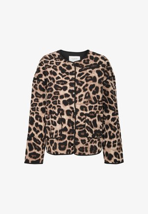 Leopardenmuster-Jacke mit schwarzem Besatz, Knopfverschluss und zwei Fronttaschen. Hergestellt aus strukturiertem Stoff, mit lockerer Passform und rundem Ausschnitt.