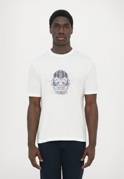White cotton t-shirt featuring a graphic skull design in blue and orange, with short sleeves and a round neckline.