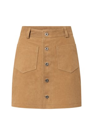 Tan suede mini skirt with front buttons, two large front patch pockets, and belt loops at the waist.