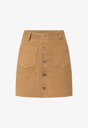 Tan suede mini skirt with front buttons, two large front patch pockets, and belt loops at the waist.